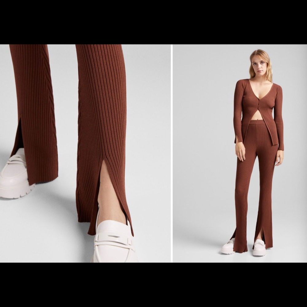 Bershka Brown Ribbed Pants - XS